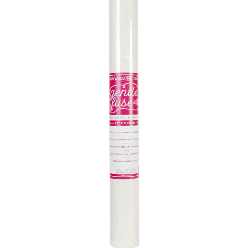 Roll of white fabric fusible interfacing with a pink label, labeled Gentle Fuse.