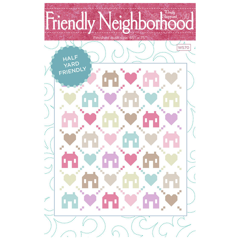 Front of the Friendly Neighborhood quilt pattern, showing the finished pattern in a pastel colorway.
