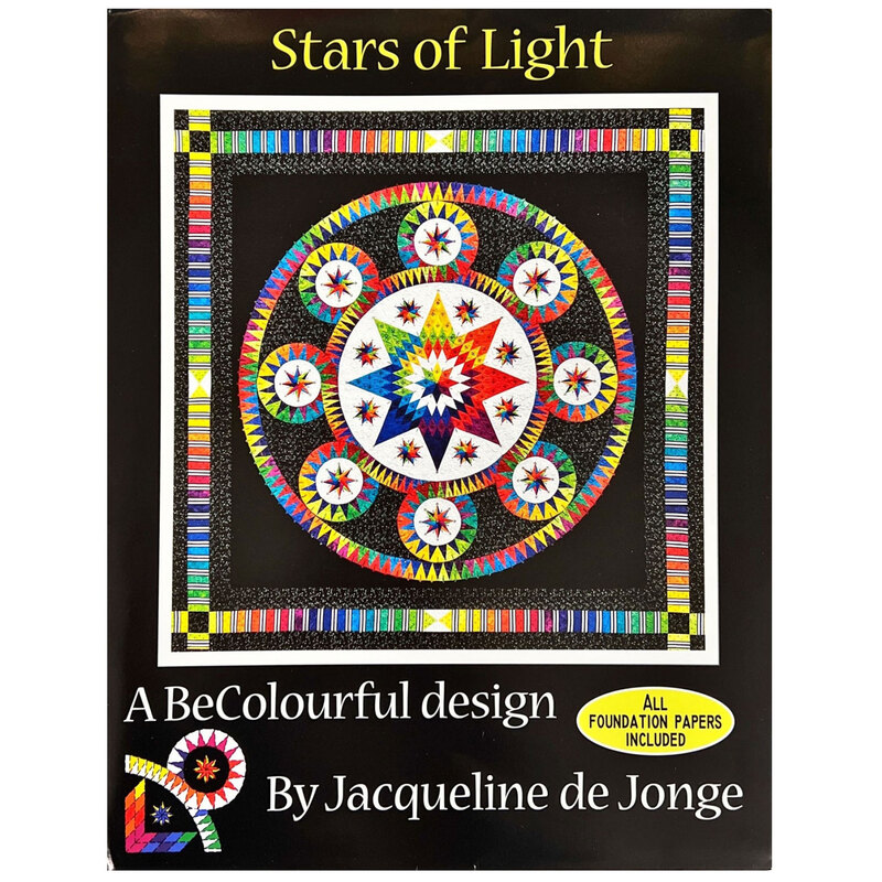 The front of the Stars of Light quilt pattern by Jacqueline de Jonge, featuring a circular star pattern in vibrant colors.