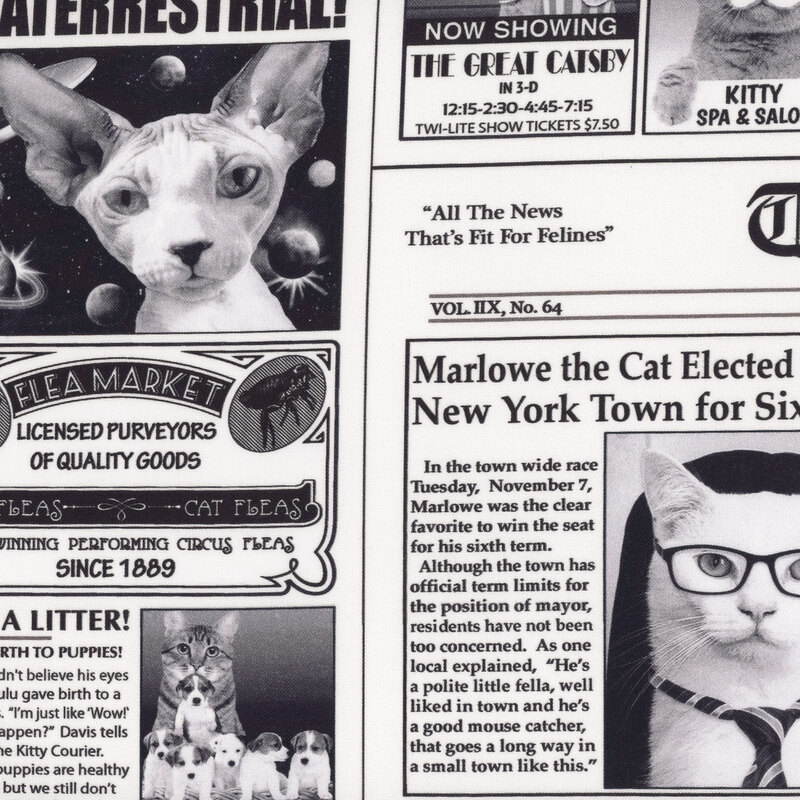 Black and white newsprint style fabric with cat themed text and images