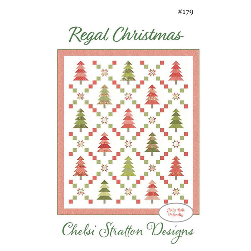 Front of the Regal Christmas quilt pattern featuring Christmas trees and stars on a white background.