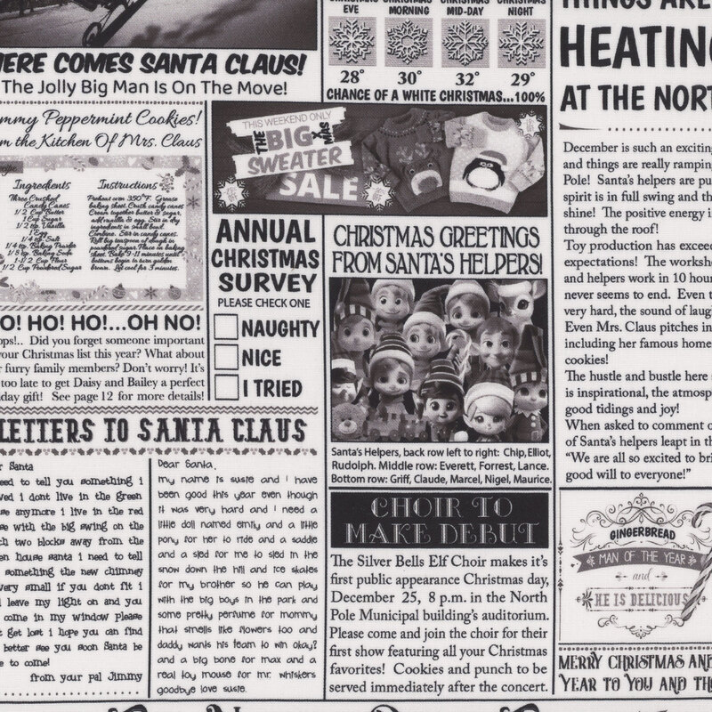 Black and white newsprint style fabric with Christmas and Santa themed text and images