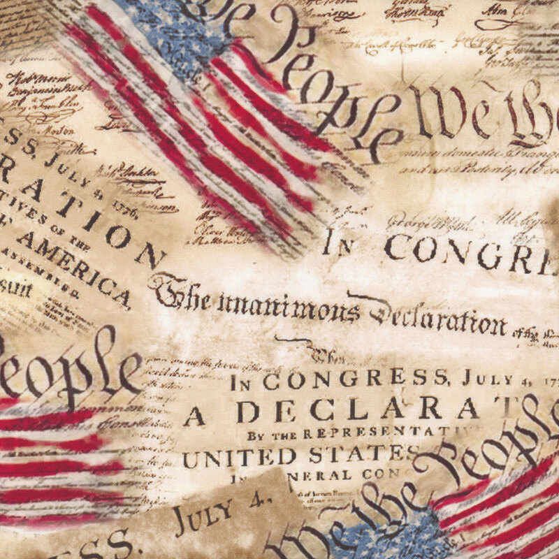 Mottled beige background with text from the Declaration of Independence and painted American flags 