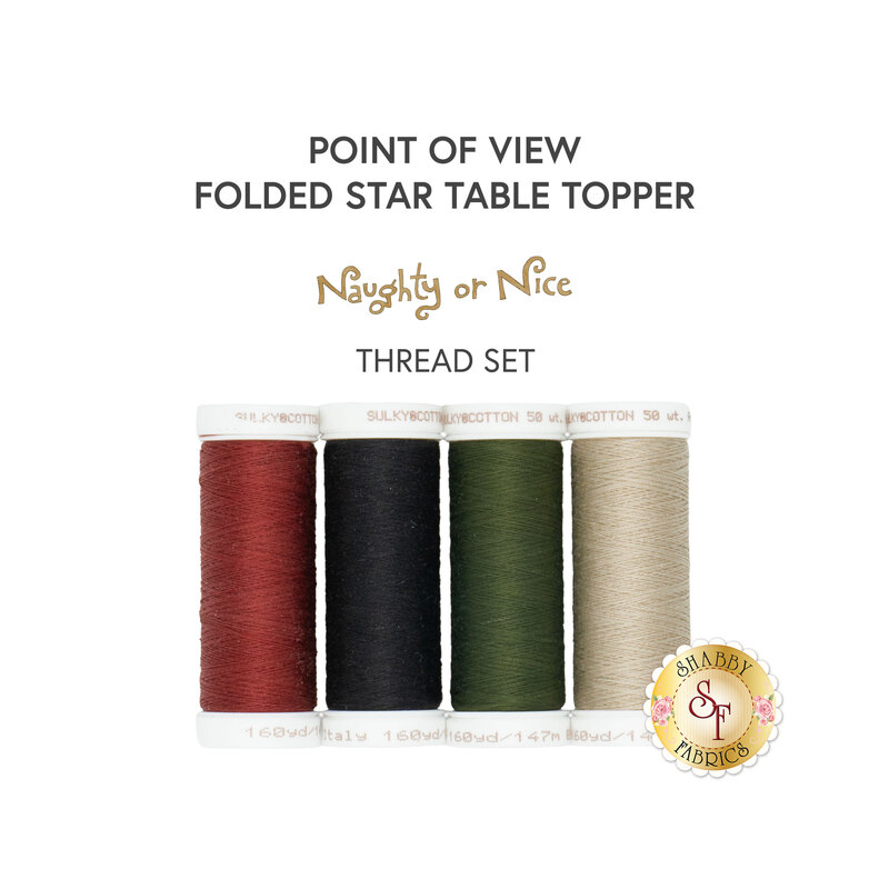 Four spools of thread in red, black, green, and cream, isolated on a white background underneath a Point of View Folded Star Table Topper - Naughty or Nice Thread Set."
