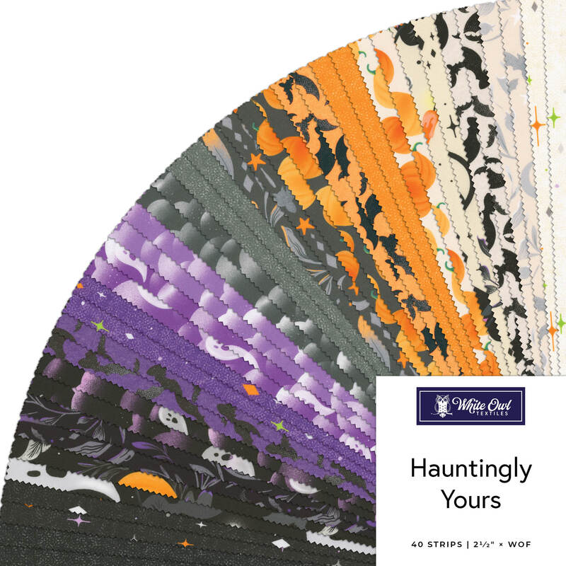 Fanned out collage of fabric in the collection, with spooky halloween themes, in black, purple, gray, orange, and cream