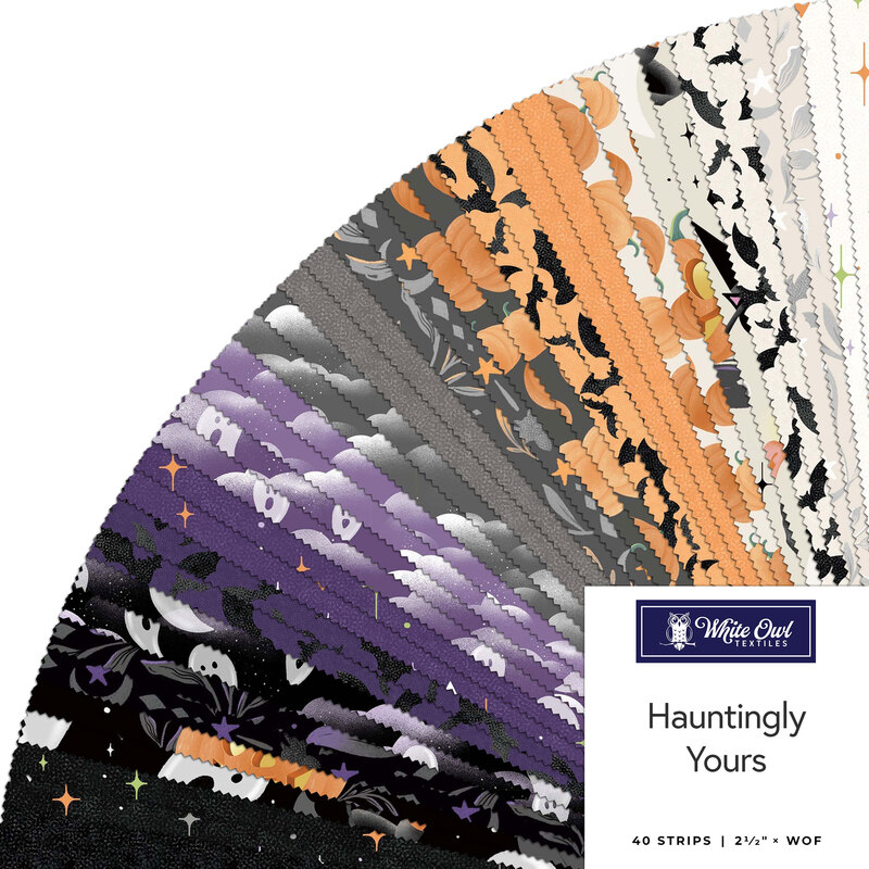 Fanned out collage of fabric in the collection, with spooky halloween themes, in black, purple, gray, orange, and cream