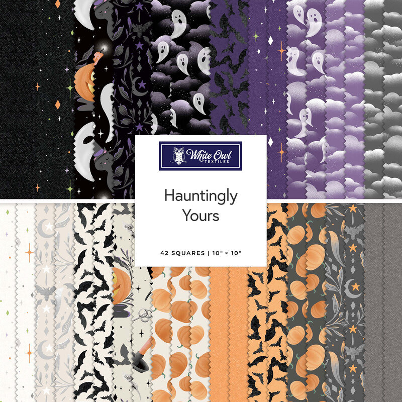 A collage of fabric in the collection, with spooky halloween themes, in black, purple, gray, orange, and cream
