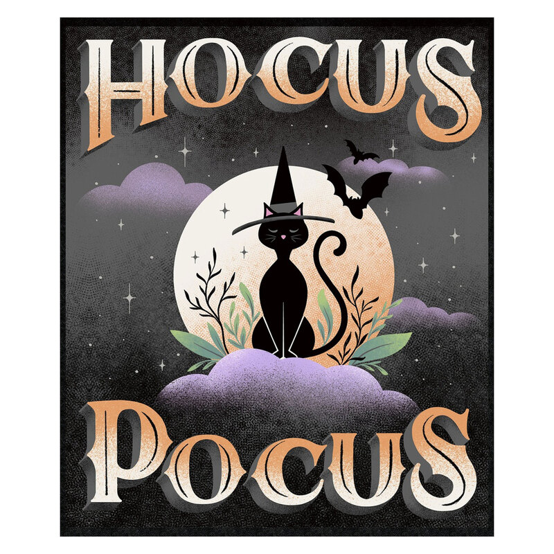 Gray fabric panel with black edges, featuring a black cat in front of a full moon along with black bats, green leaves, and purple clouds and the text "Hocus Pocus" in a vintage orange font
