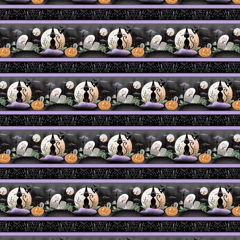 Border stripe fabric in soft black, gray, and purple, with full moons, black cats, jack-o-lanterns, and ghosts