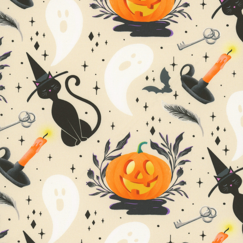 Light taupe fabric featuring black cats in witch hats, jack-o-lanterns, white ghosts, silver keys, gray bats, and orange candles with black diamond shaped stars interspersed