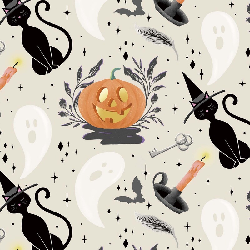Light taupe fabric featuring black cats in witch hats, jack-o-lanterns, white ghosts, silver keys, gray bats, and orange candles with black diamond shaped stars interspersed