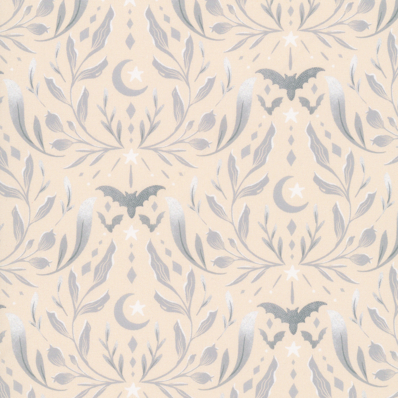 Taupe fabric with a halloween themed damask pattern with gray bats, leafy vines, crescent moons, and white stars