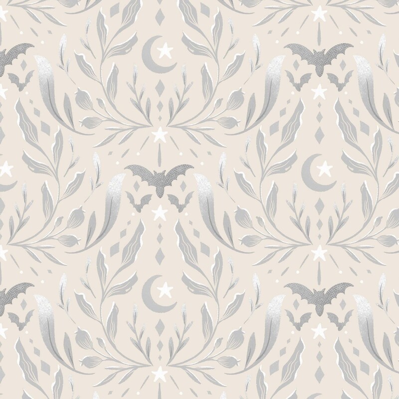 Taupe fabric with a halloween themed damask pattern with gray bats, leafy vines, crescent moons, and white stars