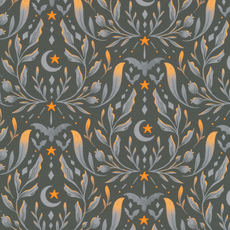 Gray fabric with a halloween themed damask pattern with orange and gray bats, leafy vines, crescent moons, and bright orange stars
