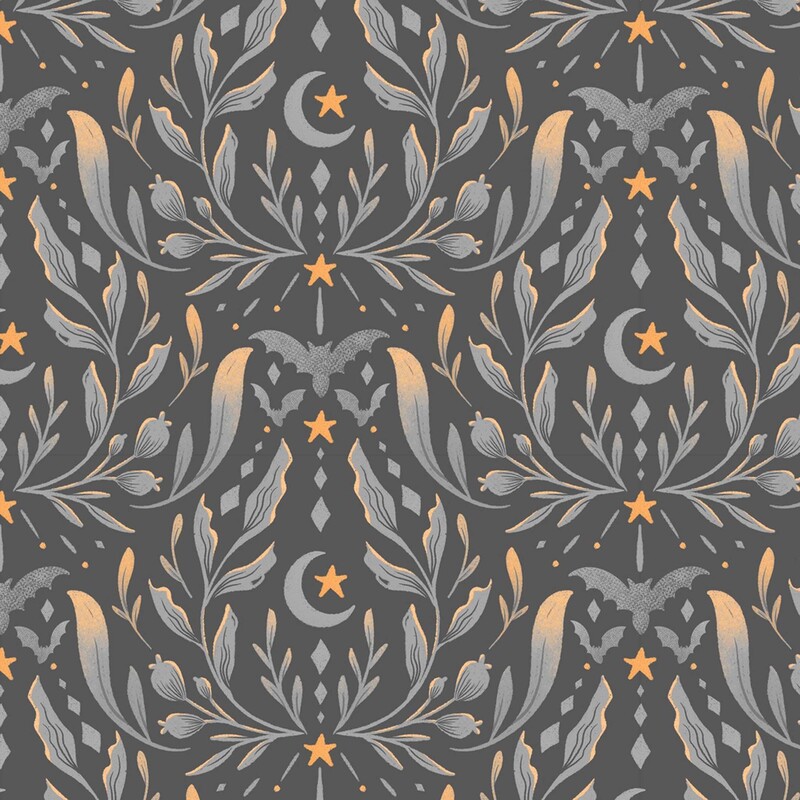 Gray fabric with a halloween themed damask pattern with orange and gray bats, leafy vines, crescent moons, and bright orange stars