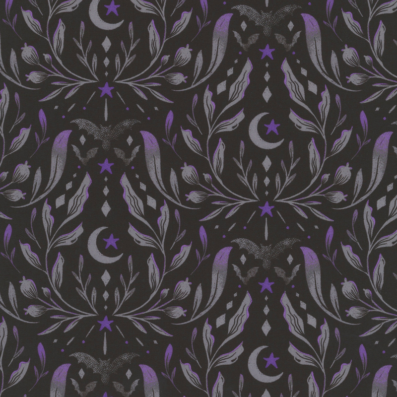 Black fabric with a halloween themed damask pattern with purple and dark gray bats, leafy vines, crescent moons, and violet stars