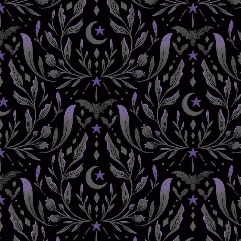 Black fabric with a halloween themed damask pattern with purple and dark gray bats, leafy vines, crescent moons, and violet stars