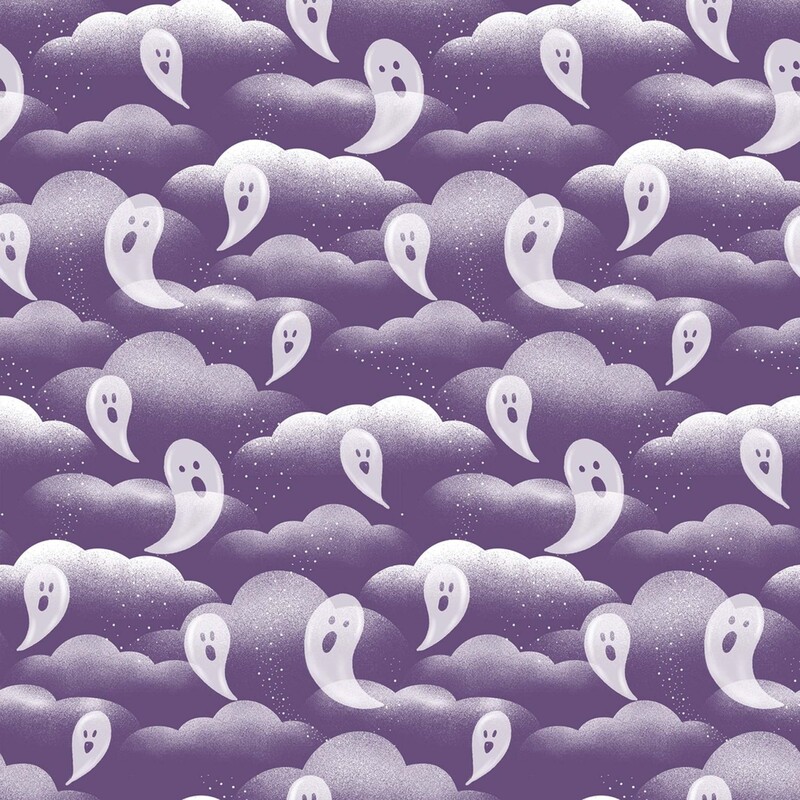 Amethyst purple fabric with a pattern of wispy white clouds and floating white ghosts