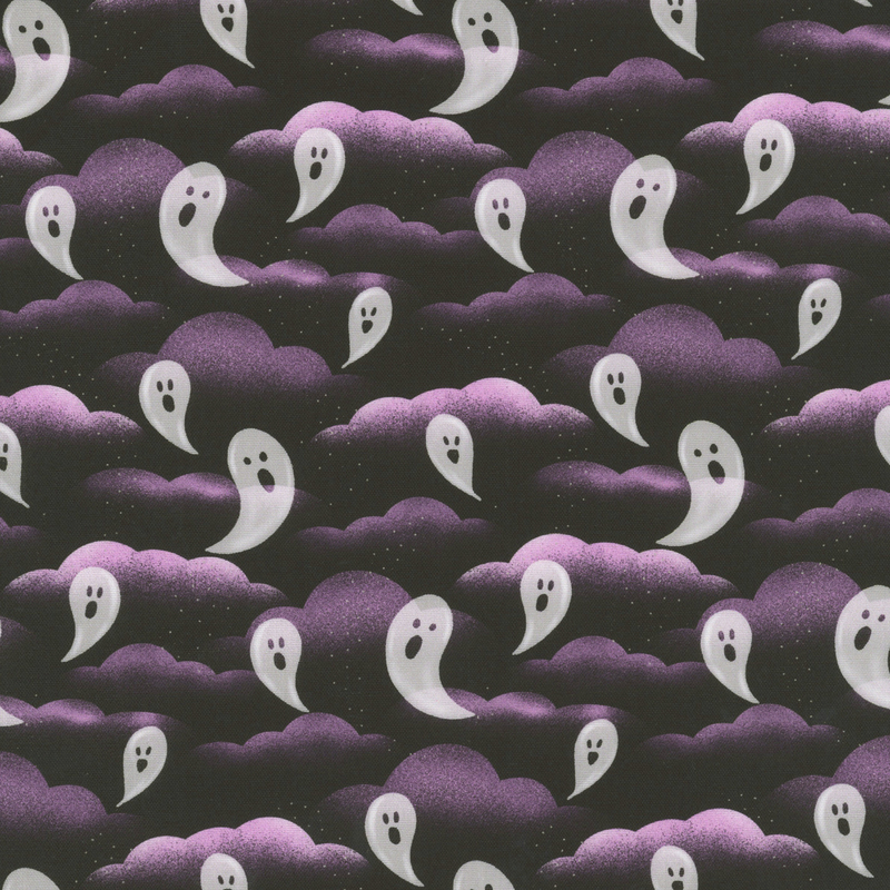 Black fabric with a pattern of wispy purple-gray clouds and floating white ghosts