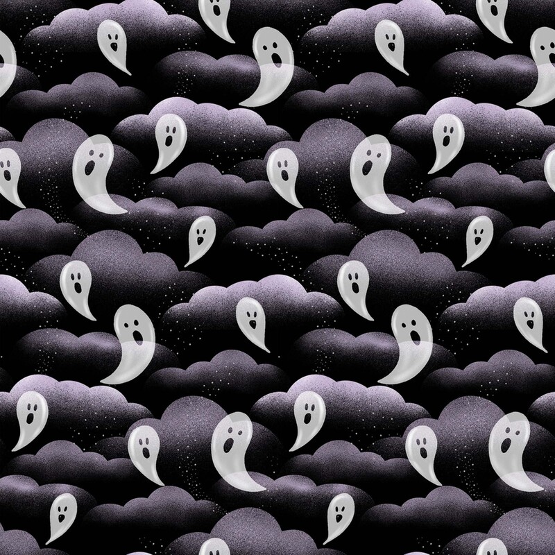 Black fabric with a pattern of wispy purple-gray clouds and floating white ghosts