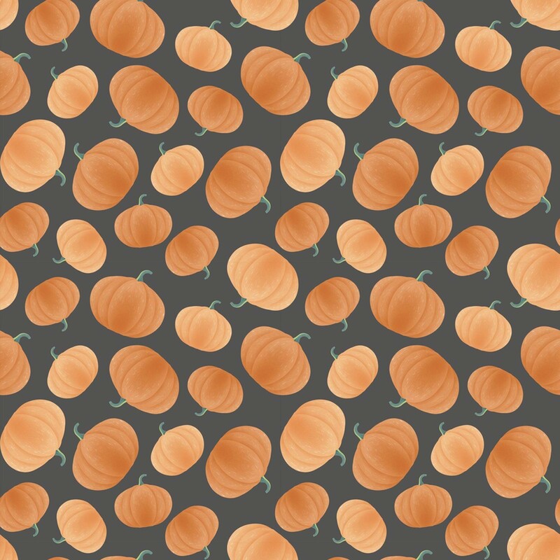 Charcoal gray fabric with a tossed pattern of shaded orange pumpkins