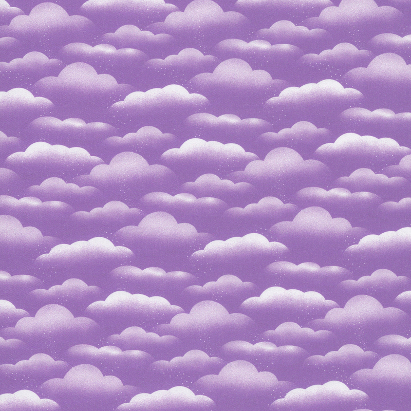 Amethyst purple fabric with wispy silver clouds and small star-like dots 