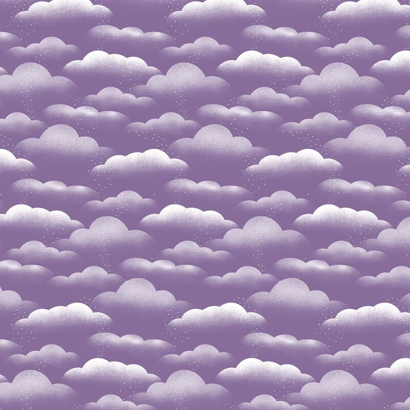 Amethyst purple fabric with wispy silver clouds and small star-like dots