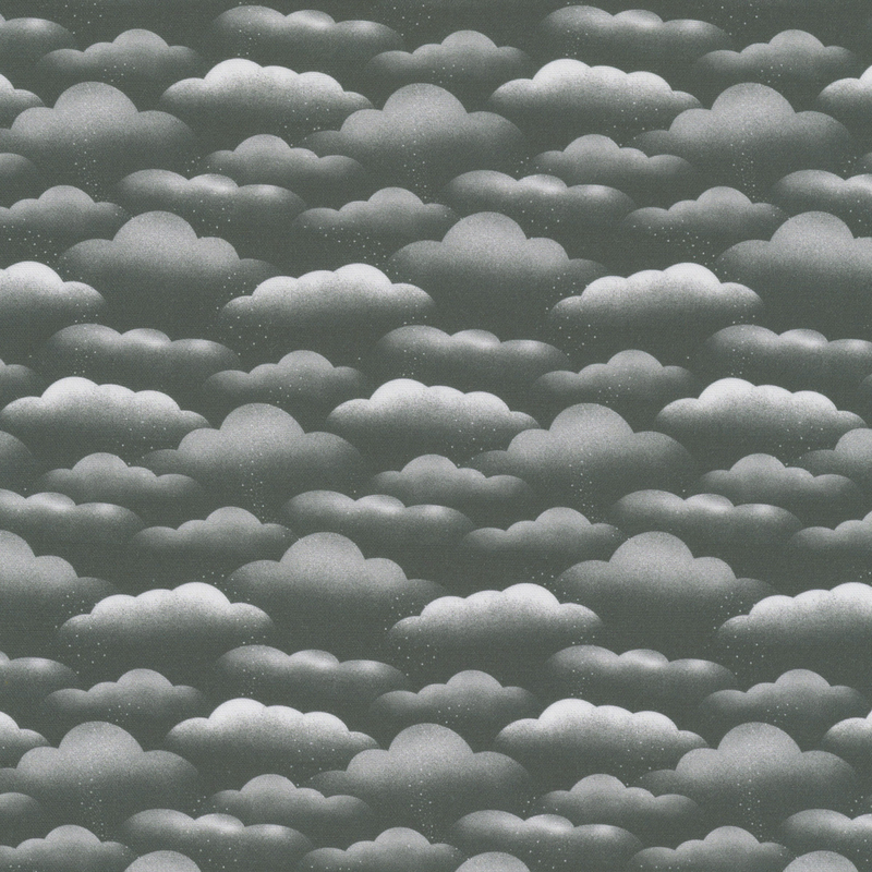 Charcoal gray fabric with wispy silver clouds and small star-like dots 