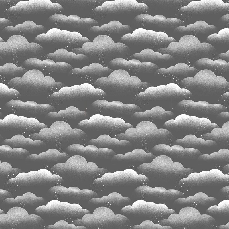 Charcoal gray fabric with wispy silver clouds and small star-like dots