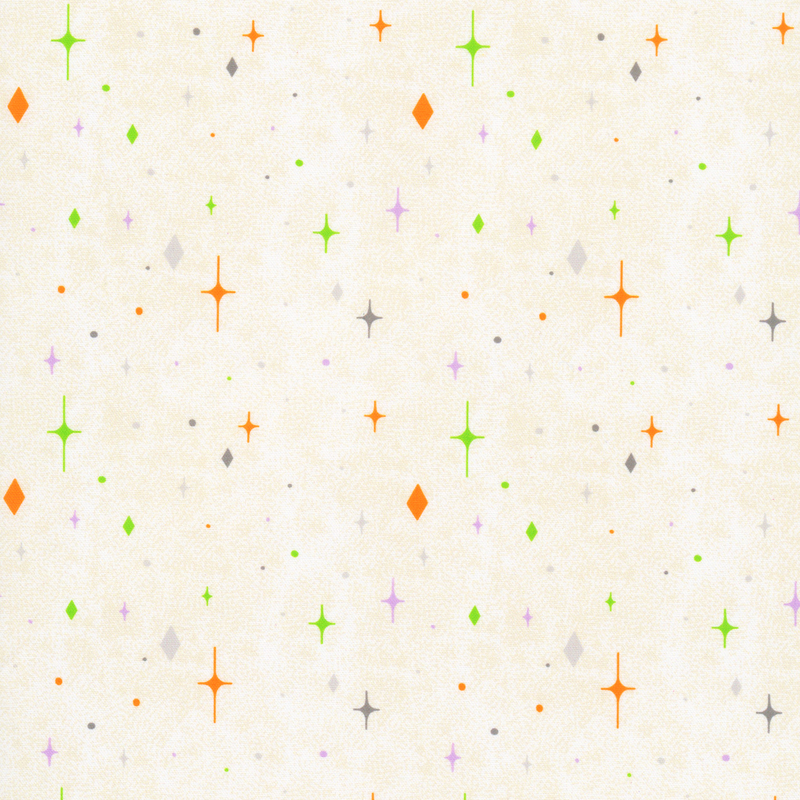 Textured cream fabric with soft gray, purple and orange diamond-shaped stars 