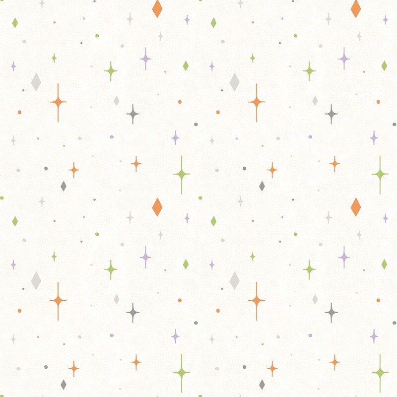 Textured cream fabric with soft gray, purple and orange diamond-shaped stars