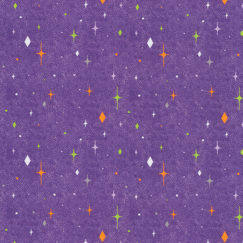 Textured violet fabric with soft purple, gray, orange, and white diamond-shaped stars 
