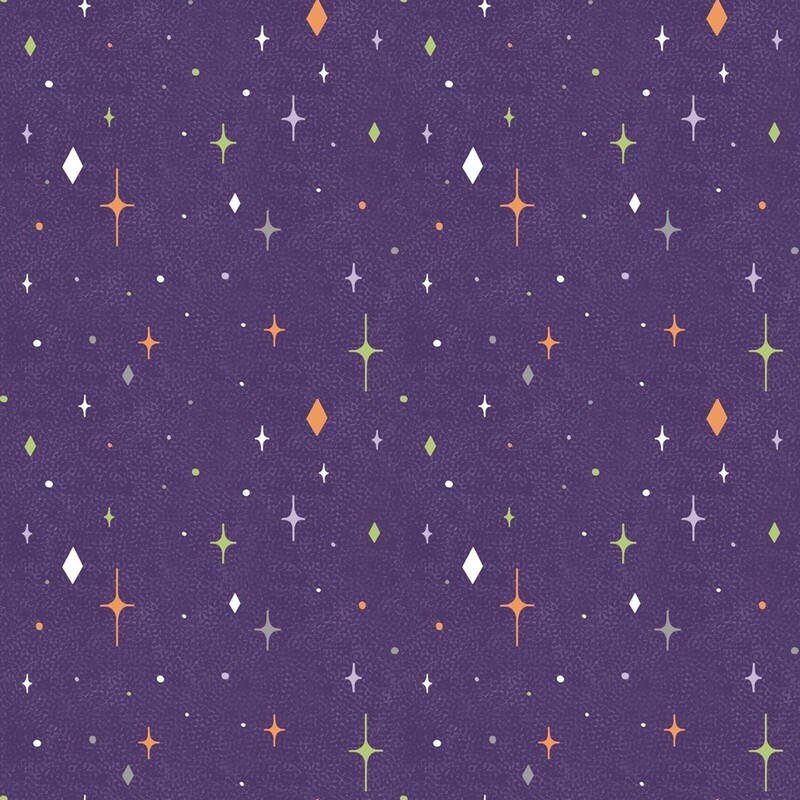 Textured violet fabric with soft purple, gray, orange, and white diamond-shaped stars