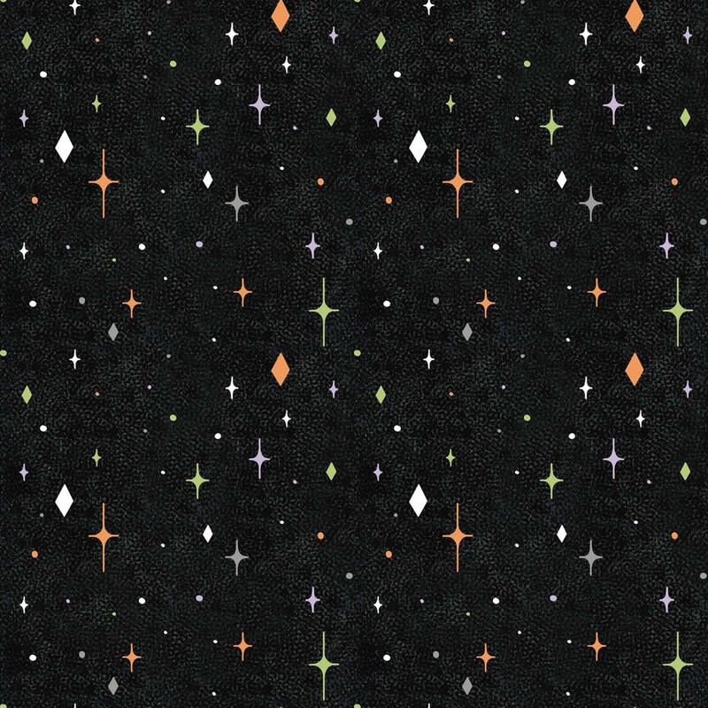 Textured charcoal black fabric with soft gray, purple, orange, and white diamond-shaped stars