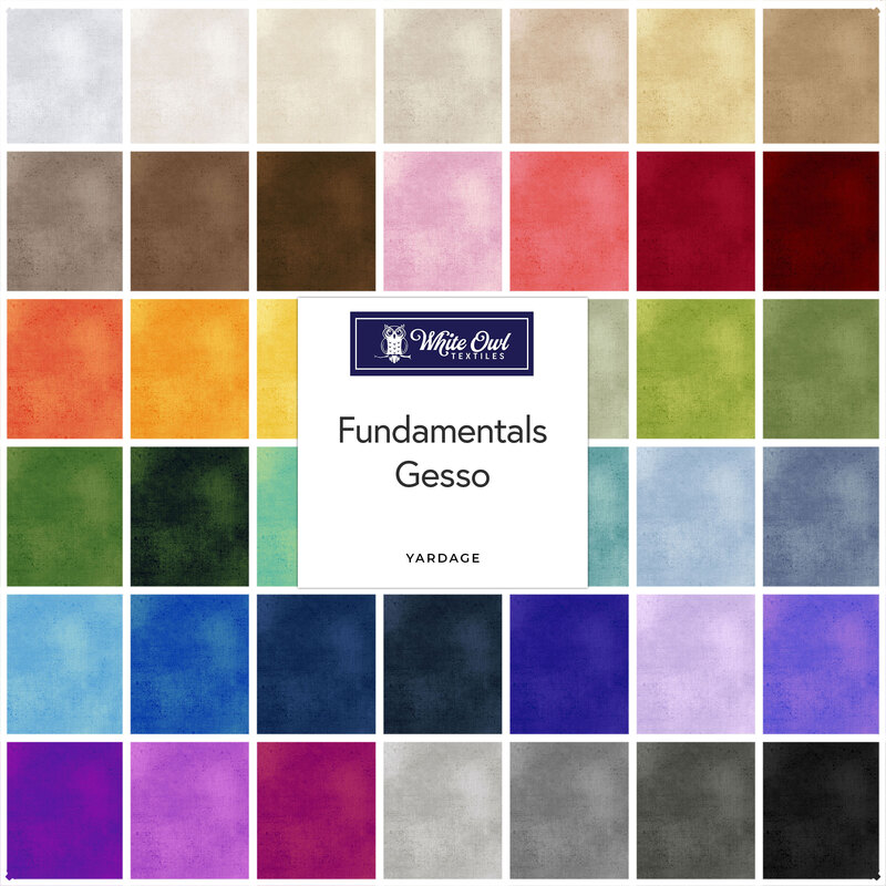 A grid of colorful fabric swatches with a central label reading Fundamentals Gesso by White Owl.