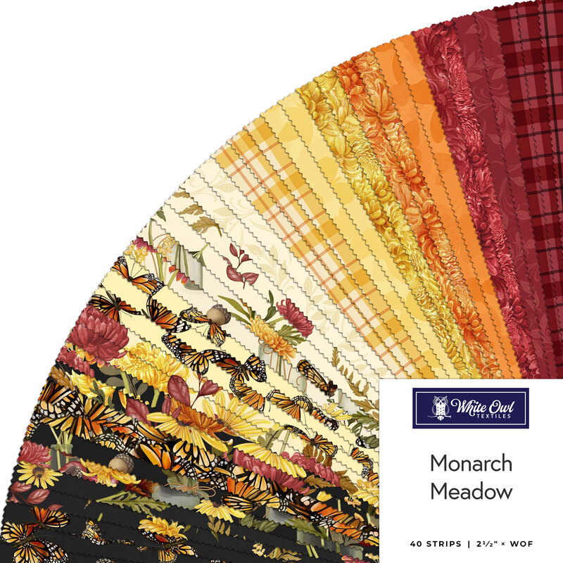 Fanned out collage of fabric in the collection in warm red, orange, yellow, cream, and black featuring monarch butterflies and florals
