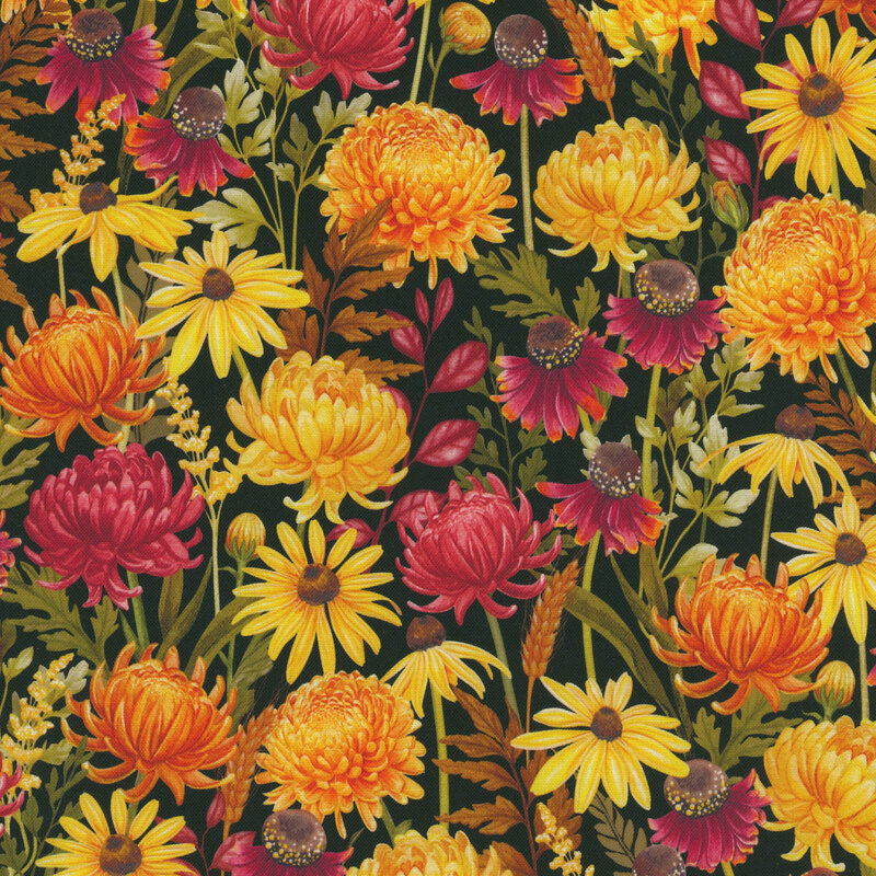 Black fabric with orange and yellow chrysanthemums, red flowers, leafy stems in green and brown, and stalks of golden wheat