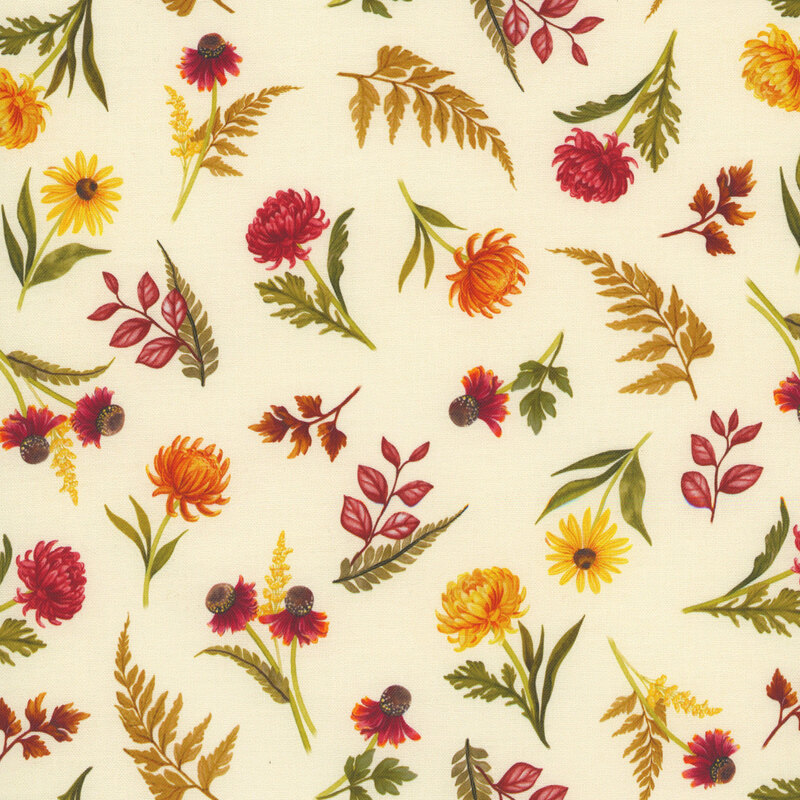 Cream fabric with a scattered pattern of orange and red chrysanthemums, ferns, and red brown leaves