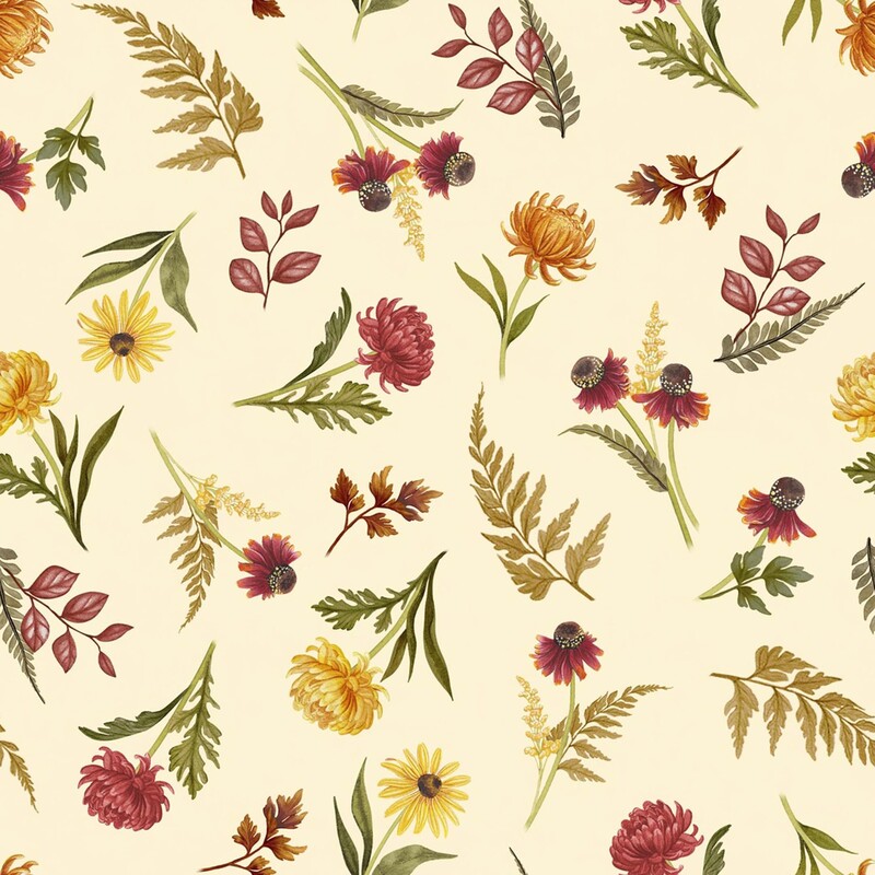 Cream fabric with a scattered pattern of orange and red chrysanthemums, ferns, and red brown leaves