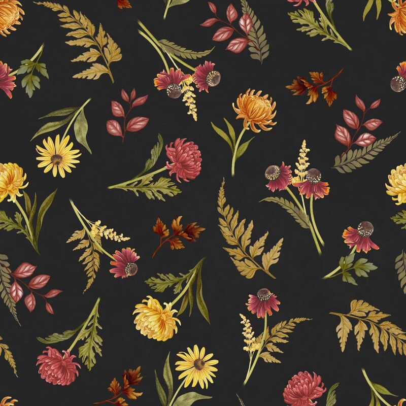Black fabric with a scattered pattern of orange and red chrysanthemums, ferns, and red brown leaves