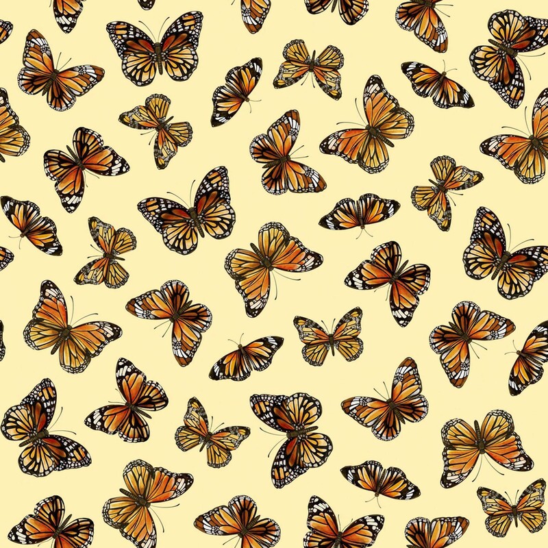 Flax colored fabric with a tossed pattern of orange monarch butterflies with wings spread