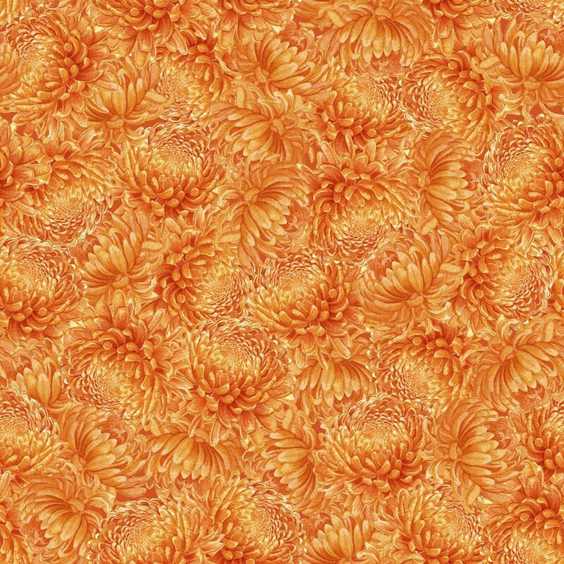Dense pattern of monochromatic orange chrysanthemums