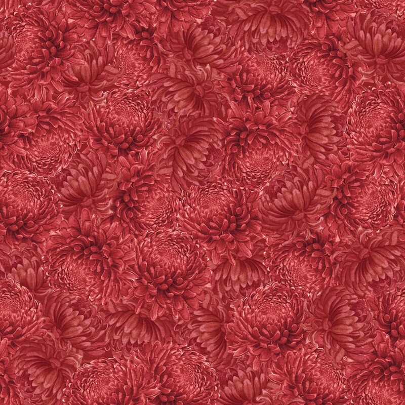 Dense pattern of monochromatic muted ruby chrysanthemums