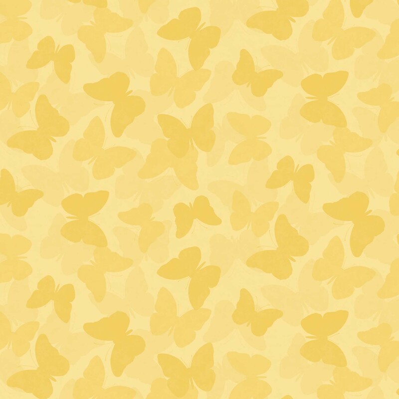 Pale yellow fabric with a pattern of tonal butterflies
