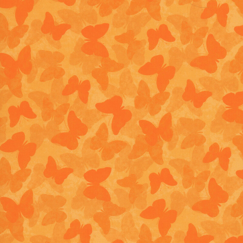 Bright orange fabric with a pattern of tonal butterflies
