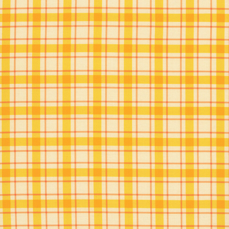 Cream beige fabric with a mustard and light orange plaid design