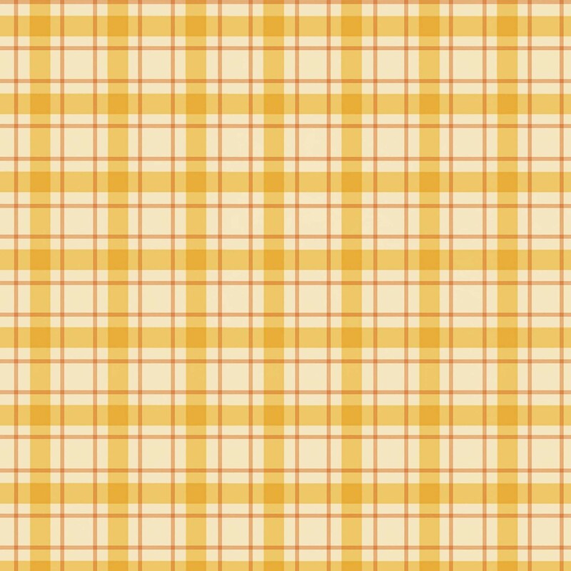 Cream beige fabric with a mustard and light orange plaid design