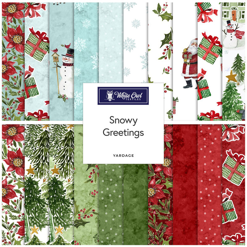 A collage of fabrics included in the Snowy Greetings collection with aqua, white, green, and red fabrics with a Christmas theme.
