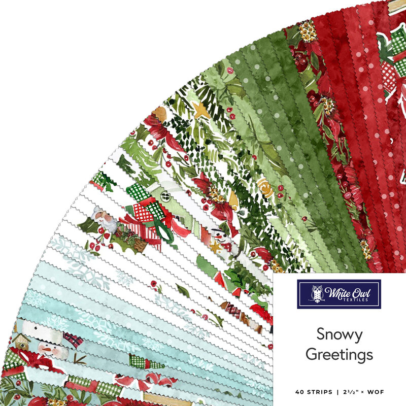 A collage of fabric strips in aqua, white, green, and red with a Christmas theme in a circular display, labeled Snowy Greetings from White Owl Textiles.