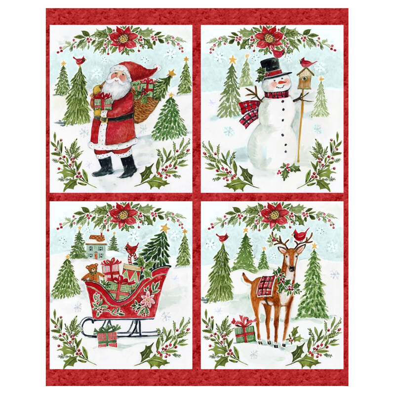 Mottled red panel featuring winter scenes with Santa Clause, a snowman, a present-filled sleigh, and a reindeer.